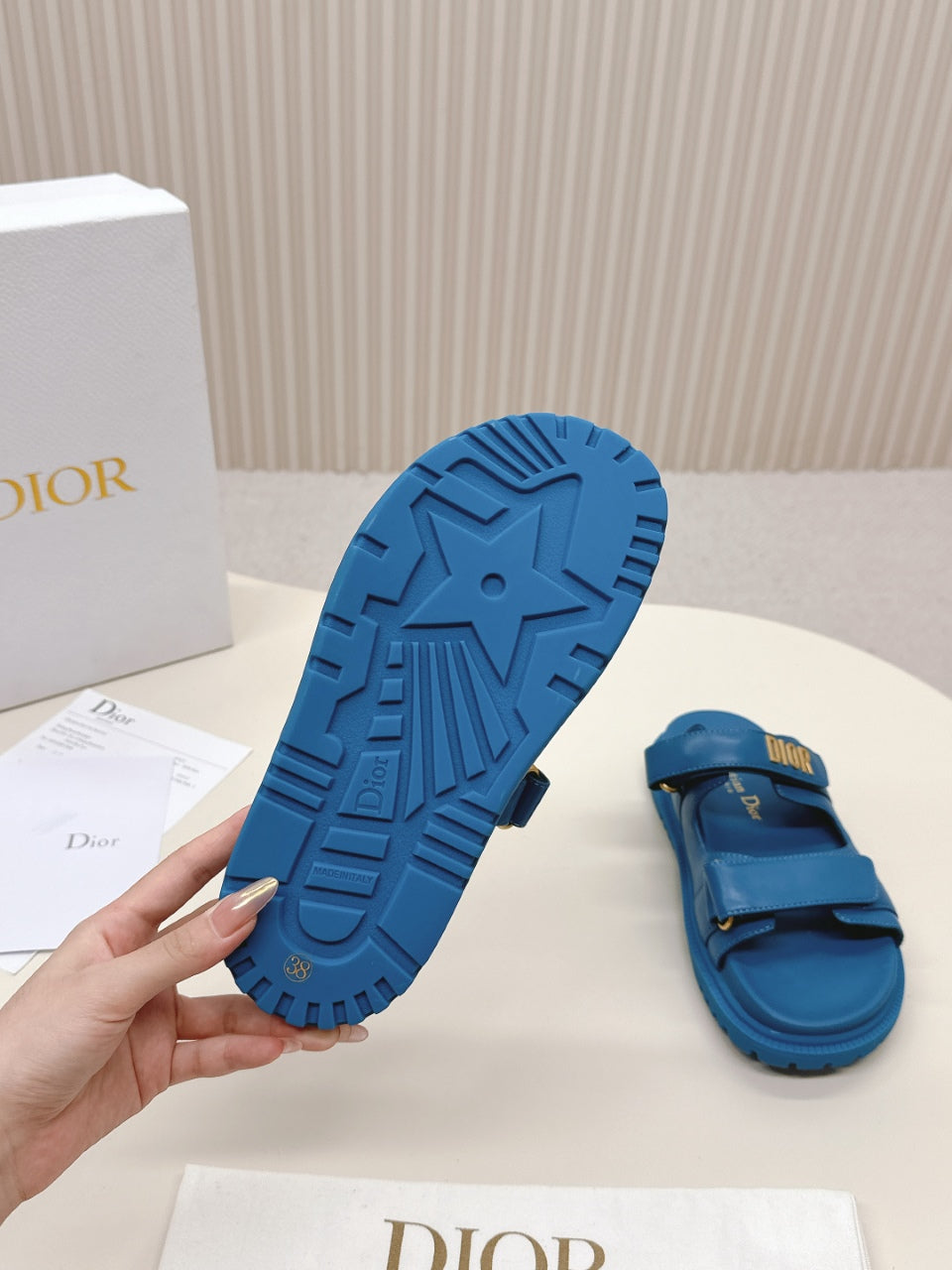 DIOR CLASSIC DOUBLE-STRAP SLIDES 25S IN OCEAN BLUE CALFSKIN