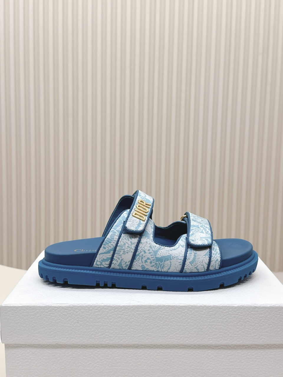 DIOR CLASSIC DOUBLE-STRAP SLIDES 25S IN OCEAN BLUE FABRIC AND CALFSKIN