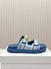 DIOR CLASSIC DOUBLE-STRAP SLIDES 25S IN OCEAN BLUE FABRIC AND CALFSKIN