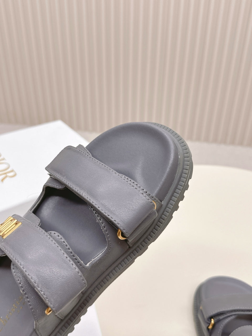 DIOR CLASSIC DOUBLE-STRAP SLIDES 25S IN ASH GRAY CALFSKIN