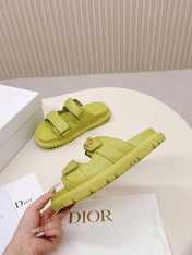 DIOR CLASSIC DOUBLE-STRAP SLIDES 25S IN OLIVE YELLOW CALFSKIN