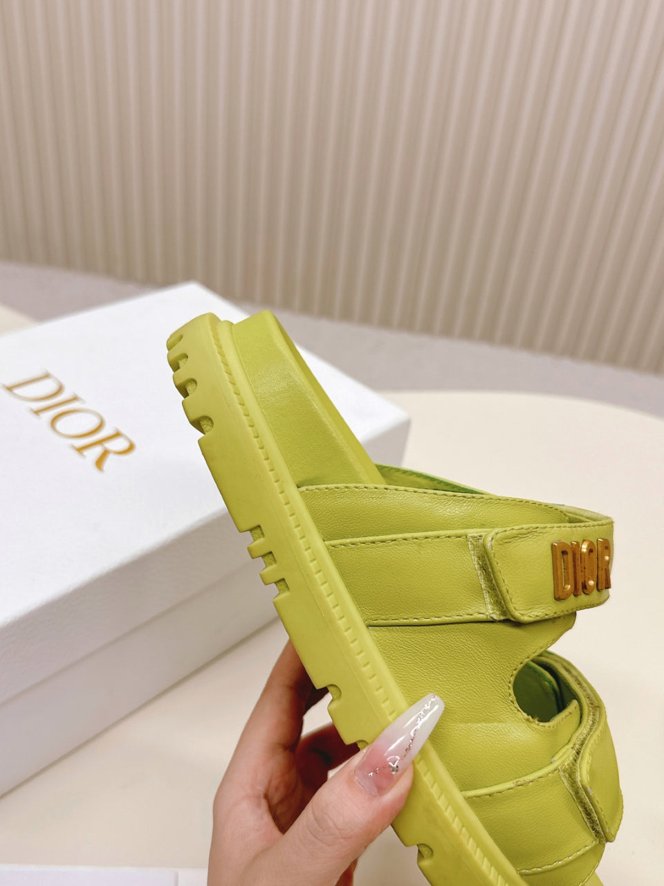 DIOR CLASSIC DOUBLE-STRAP SLIDES 25S IN OLIVE YELLOW CALFSKIN