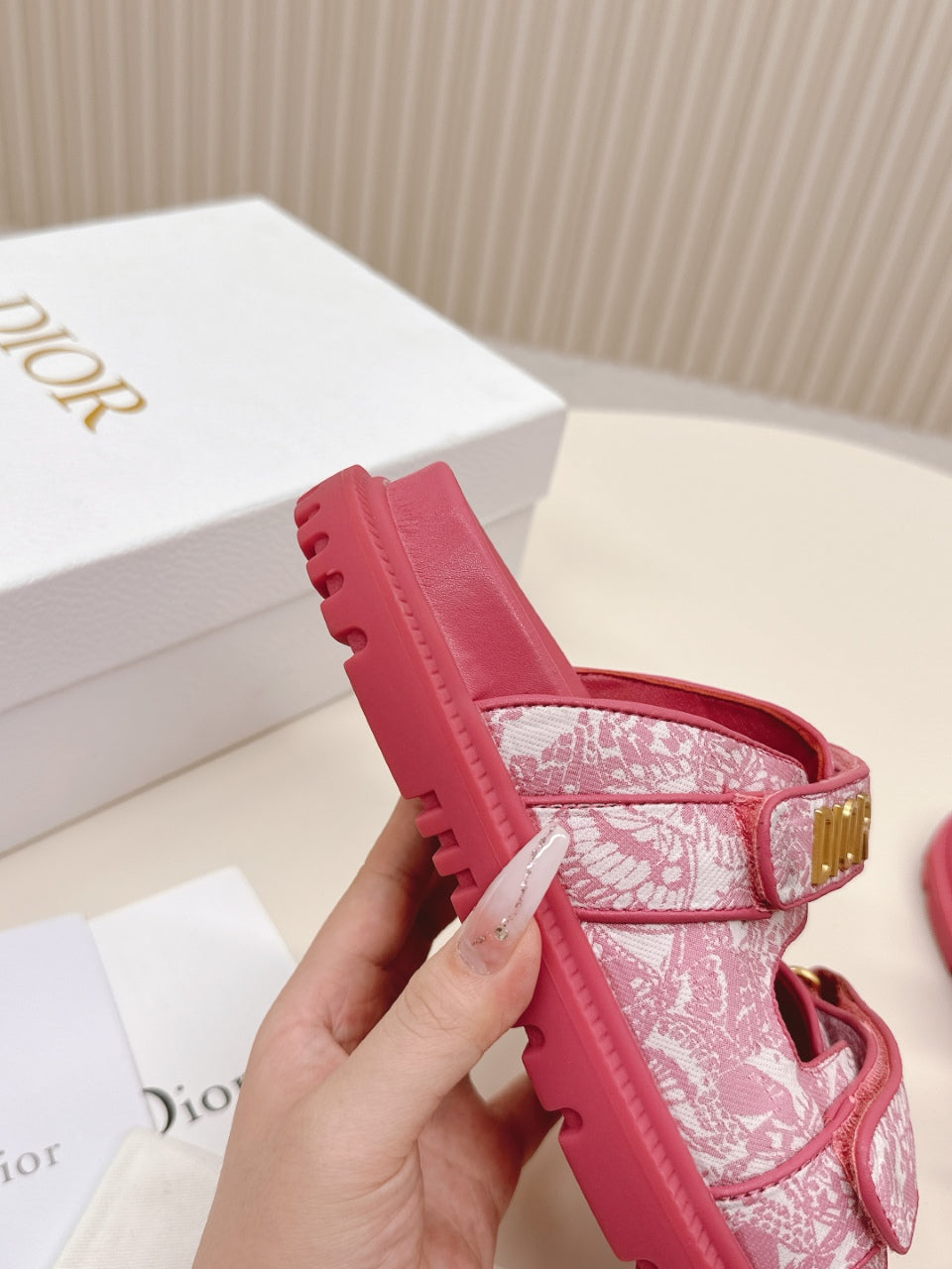 DIOR CLASSIC DOUBLE-STRAP SLIDES 25S IN DARK PINK FABRIC AND CALFSKIN