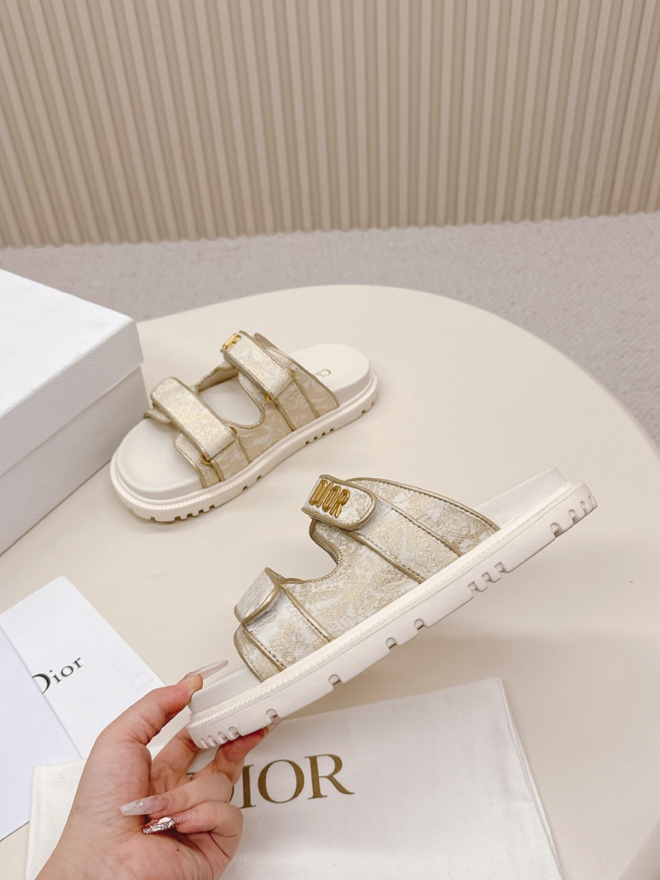 DIOR CLASSIC DOUBLE-STRAP SLIDES 25S IN WHITE MIX BEIGE FABRIC AND CALFSKIN