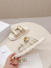 DIOR CLASSIC DOUBLE-STRAP SLIDES 25S IN WHITE MIX BEIGE FABRIC AND CALFSKIN