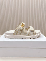 DIOR CLASSIC DOUBLE-STRAP SLIDES 25S IN WHITE MIX BEIGE FABRIC AND CALFSKIN