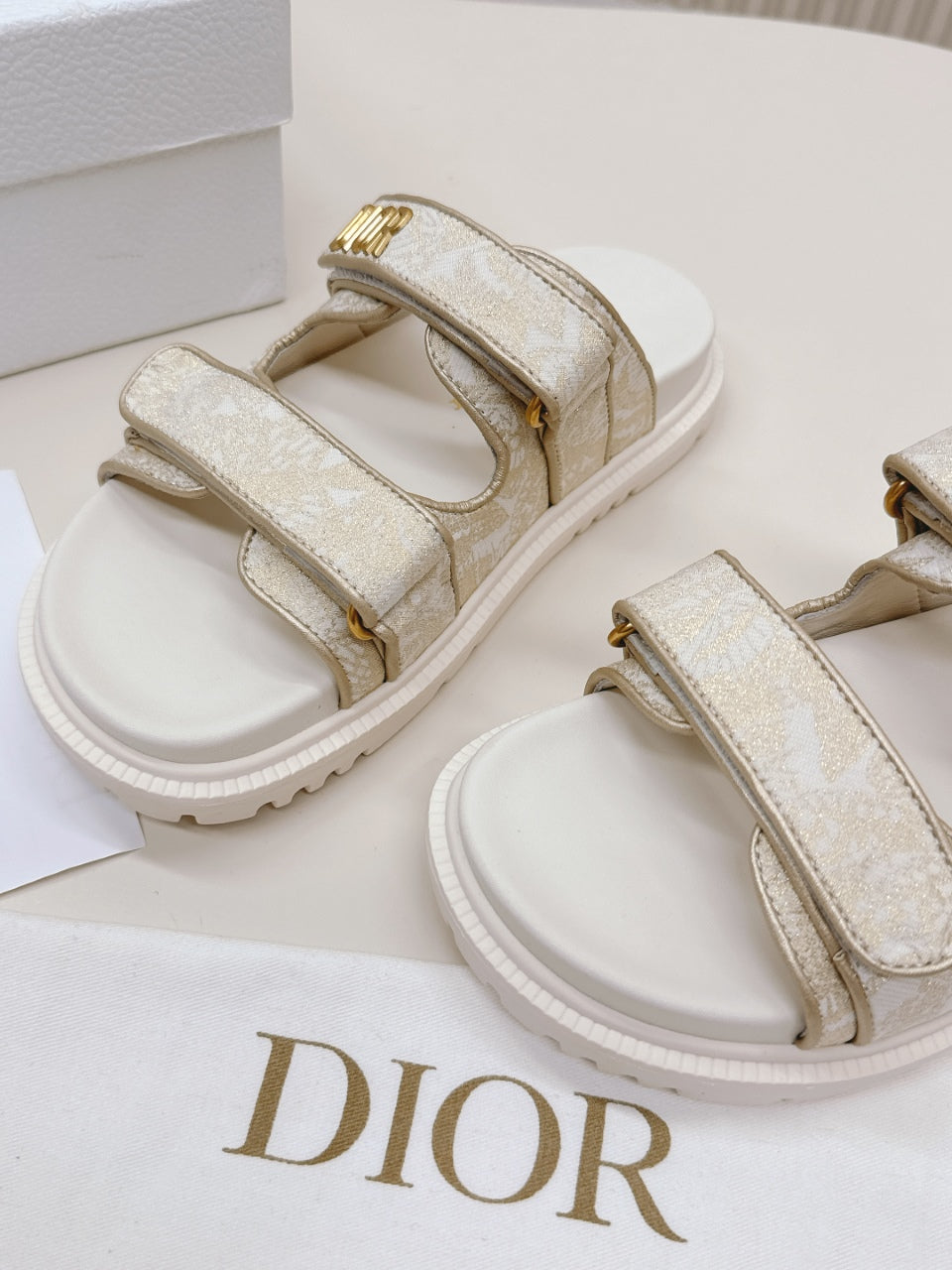 DIOR CLASSIC DOUBLE-STRAP SLIDES 25S IN WHITE MIX BEIGE FABRIC AND CALFSKIN
