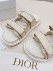 DIOR CLASSIC DOUBLE-STRAP SLIDES 25S IN WHITE MIX BEIGE FABRIC AND CALFSKIN