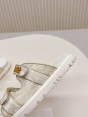 DIOR CLASSIC DOUBLE-STRAP SLIDES 25S IN WHITE MIX BEIGE FABRIC AND CALFSKIN