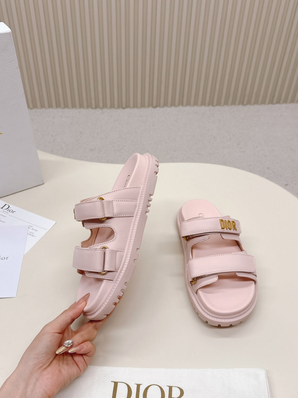 DIOR CLASSIC DOUBLE-STRAP SLIDES 25S IN PASTEL PINK CALFSKIN WITH GOLD HARDWARE