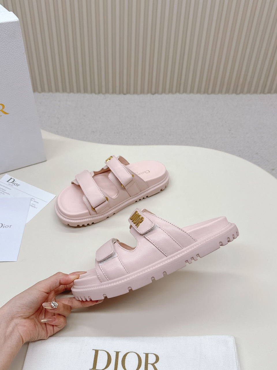 DIOR CLASSIC DOUBLE-STRAP SLIDES 25S IN PASTEL PINK CALFSKIN WITH GOLD HARDWARE