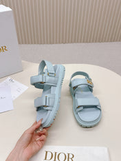 DIOR BACK-STRAP SANDALS 25S IN PASTEL BLUE CALFSKIN WITH GOLD HARDWARE