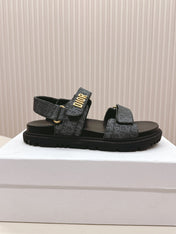 DIOR BACK-STRAP SANDALS 25S IN SLATE BLUE GRAY FABRIC AND BLACK CALFSKIN WITH GOLD HARDWARE