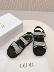 DIOR BACK-STRAP SANDALS 25S IN GREY FABRIC AND BLACK CALFSKIN WITH GOLD HARDWARE