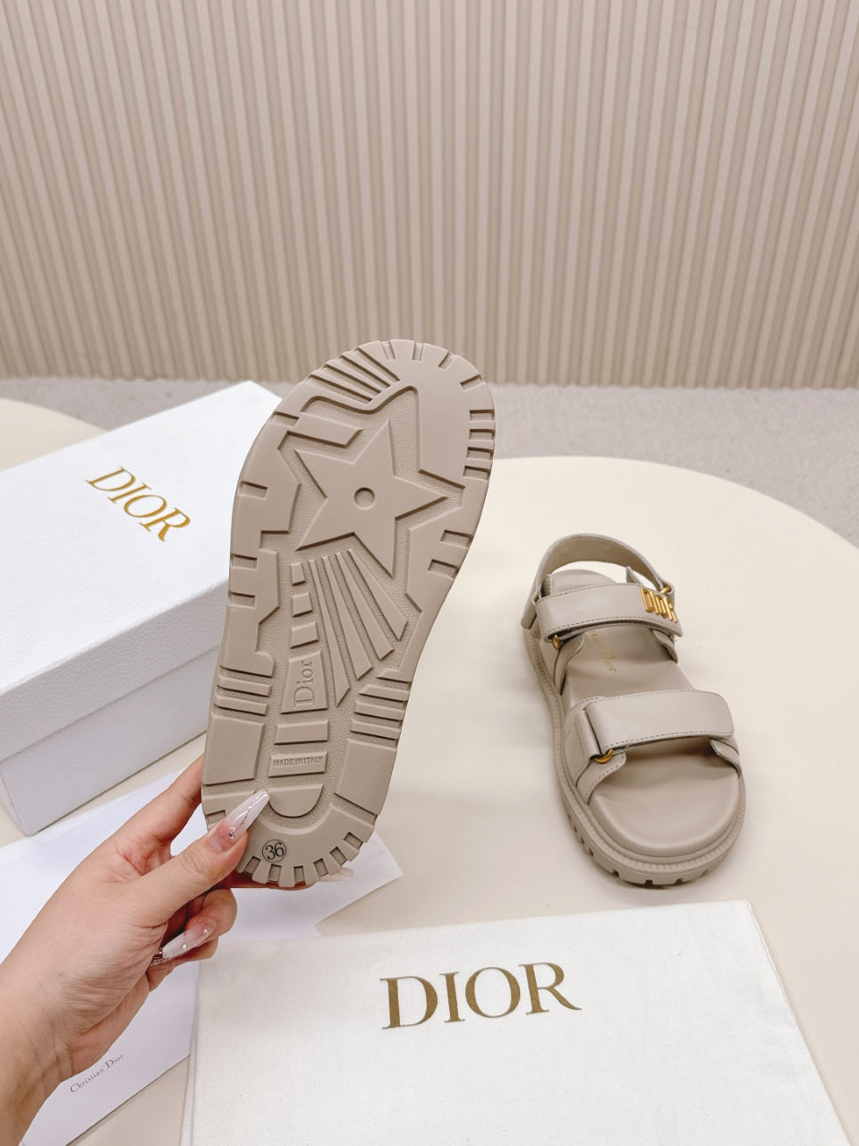 DIOR BACK-STRAP SANDALS 25S IN LIGHT BEIGE CALFSKIN WITH GOLD HARDWARE