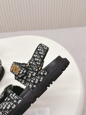 DIOR BACK-STRAP SANDALS 25S IN BLACK FABRIC AND CALFSKIN WITH GOLD HARDWARE