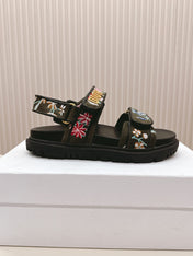 DIOR BACK-STRAP SANDALS 25S IN MOSS GREEN AND BLACK CALFSKIN EMBROIDERED WITH PETITES FLEURS