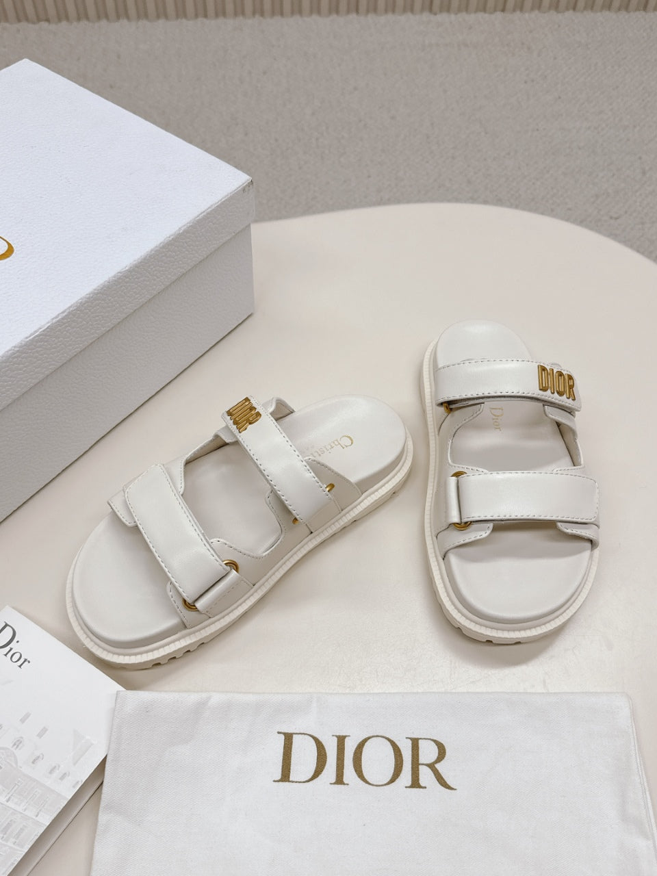 DIOR CLASSIC DOUBLE-STRAP SLIDES 25S IN CREAM WHITE CALFSKIN