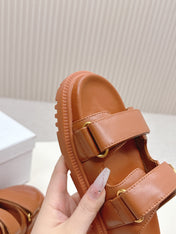 DIOR CLASSIC DOUBLE-STRAP SLIDES 25S IN BROWN CALFSKIN