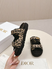 DIOR CLASSIC DOUBLE-STRAP SLIDES 25S IN BROWN MIX BLACK FABRIC AND CALFSKIN WITH LEOPARD PRINT
