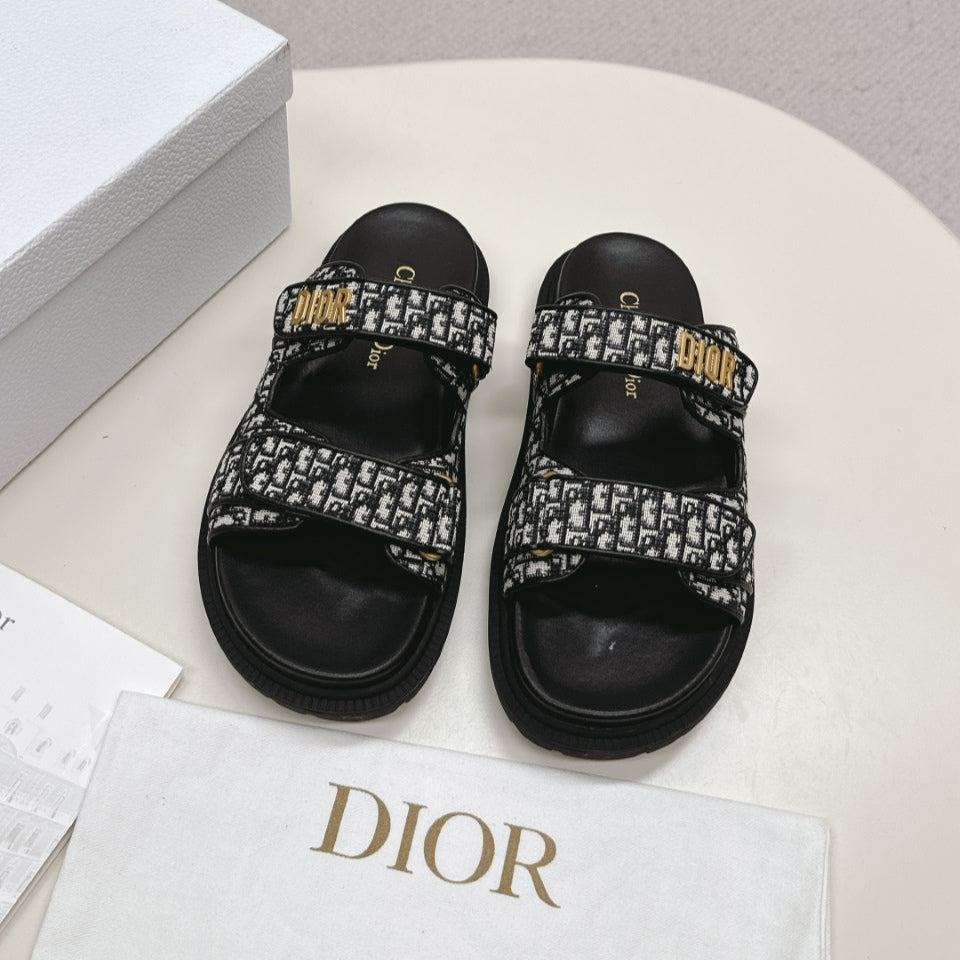 DIOR CLASSIC DOUBLE-STRAP SLIDES 25S IN BLACK FABRIC AND CALFSKIN
