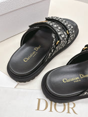 DIOR CLASSIC DOUBLE-STRAP SLIDES 25S IN BLACK FABRIC AND CALFSKIN