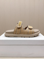 DIOR CLASSIC DOUBLE-STRAP SLIDES 25S IN BEIGE RAFFIA AND TAUPE BEIGE CALFSKIN