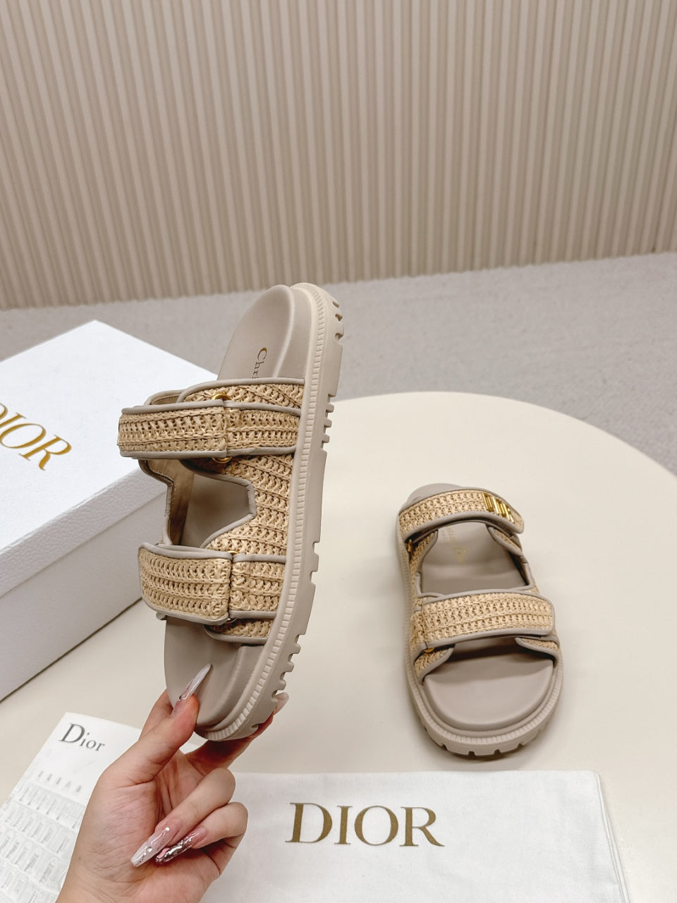 DIOR CLASSIC DOUBLE-STRAP SLIDES 25S IN BEIGE RAFFIA AND TAUPE BEIGE CALFSKIN