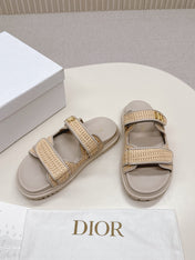 DIOR CLASSIC DOUBLE-STRAP SLIDES 25S IN BEIGE RAFFIA AND TAUPE BEIGE CALFSKIN