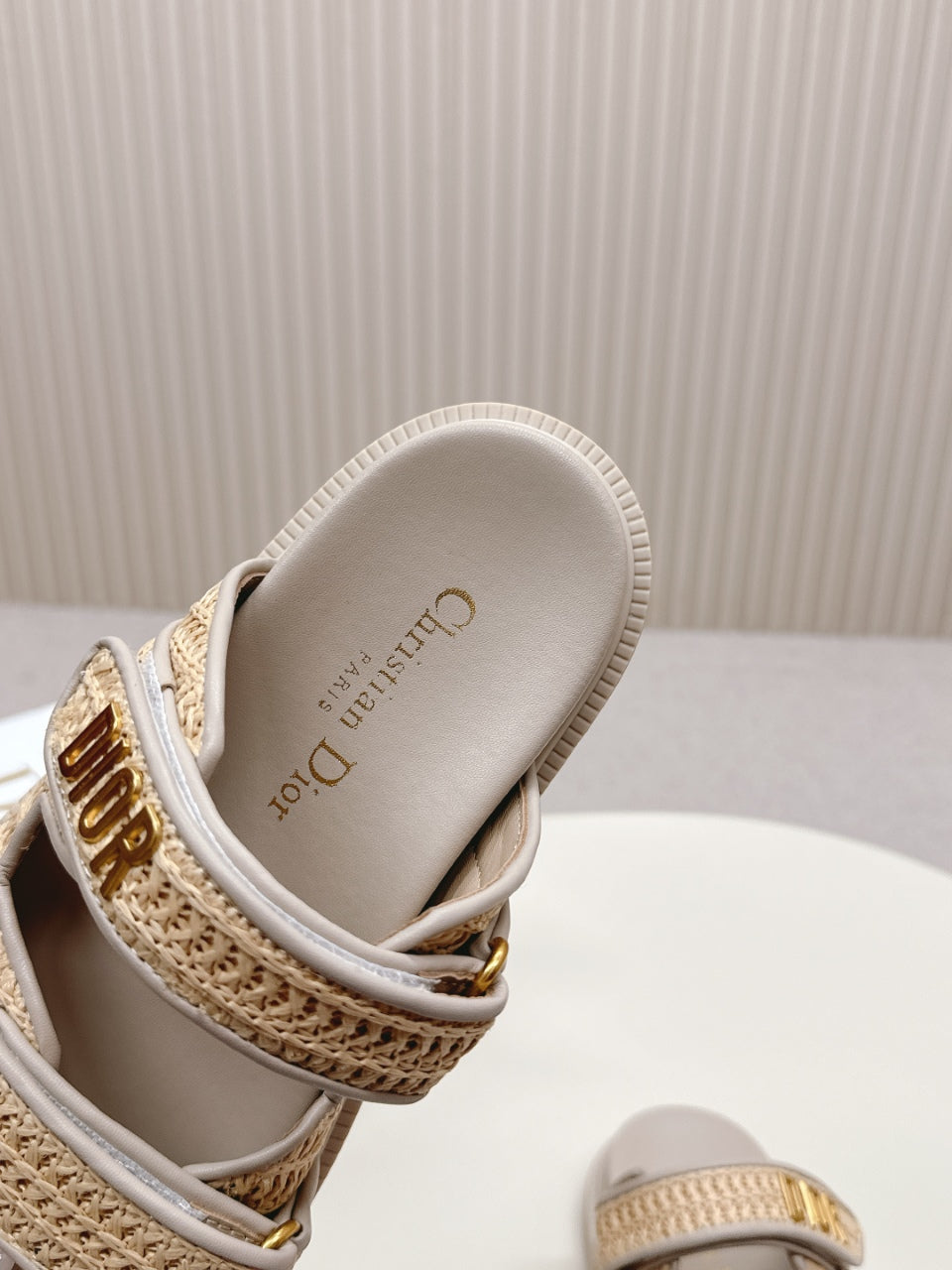 DIOR CLASSIC DOUBLE-STRAP SLIDES 25S IN BEIGE RAFFIA AND TAUPE BEIGE CALFSKIN