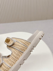 DIOR CLASSIC DOUBLE-STRAP SLIDES 25S IN BEIGE RAFFIA AND TAUPE BEIGE CALFSKIN