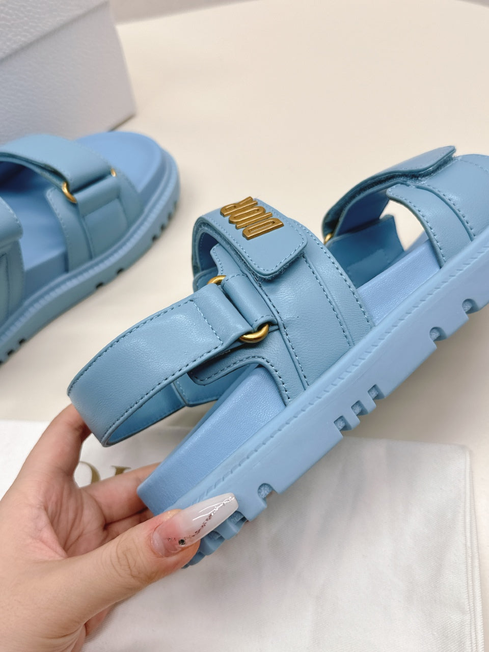 DIOR BACK-STRAP SANDALS 25S IN OCEAN BLUE CALFSKIN WITH GOLD HARDWARE