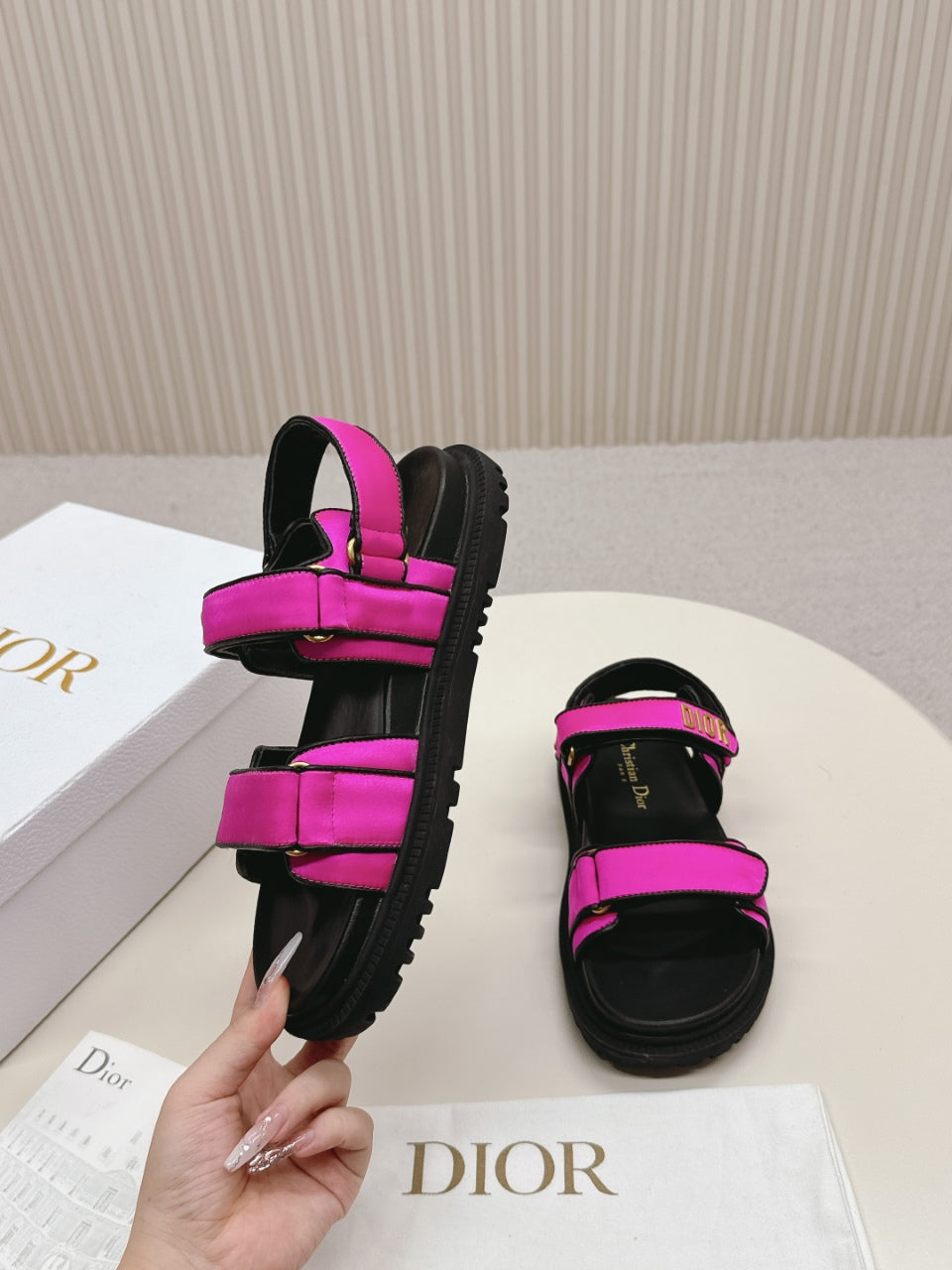 DIOR BACK-STRAP SANDALS 25S IN DARK PINK FABRIC AND BLACK CALFSKIN WITH GOLD HARDWARE