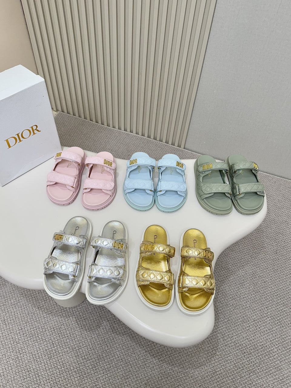 DIOR CLASSIC DOUBLE-STRAP SLIDES 25S IN GOLD CALFSKIN