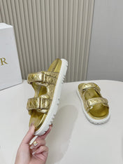 DIOR CLASSIC DOUBLE-STRAP SLIDES 25S IN GOLD CALFSKIN