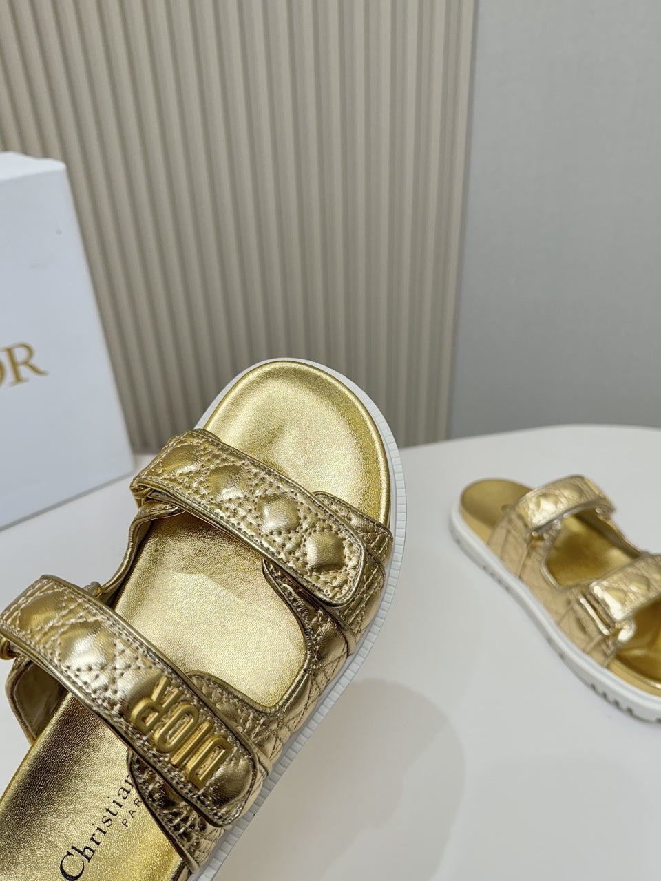 DIOR CLASSIC DOUBLE-STRAP SLIDES 25S IN GOLD CALFSKIN