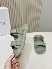 DIOR CLASSIC DOUBLE-STRAP SLIDES 25S IN PALE TEAL GRAY CALFSKIN
