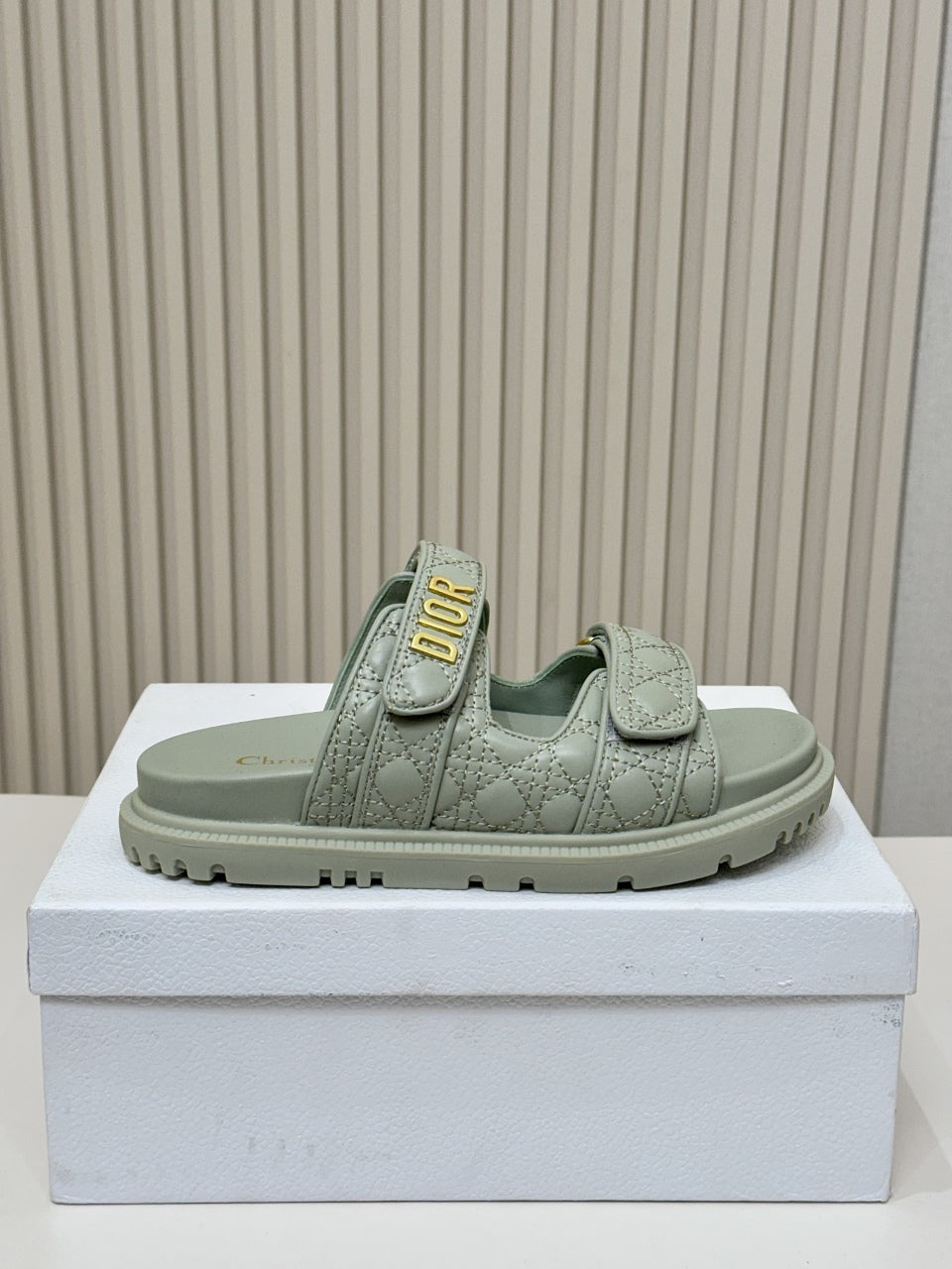 DIOR CLASSIC DOUBLE-STRAP SLIDES 25S IN PALE TEAL GRAY CALFSKIN