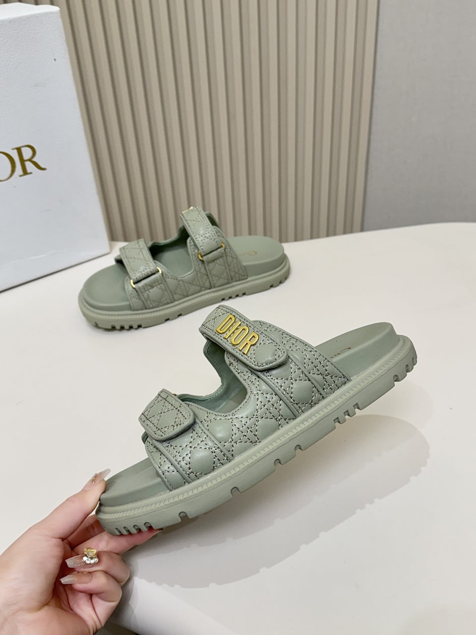 DIOR CLASSIC DOUBLE-STRAP SLIDES 25S IN PALE TEAL GRAY CALFSKIN