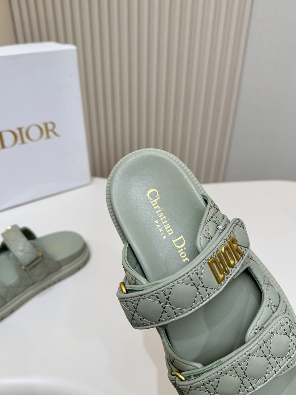 DIOR CLASSIC DOUBLE-STRAP SLIDES 25S IN PALE TEAL GRAY CALFSKIN