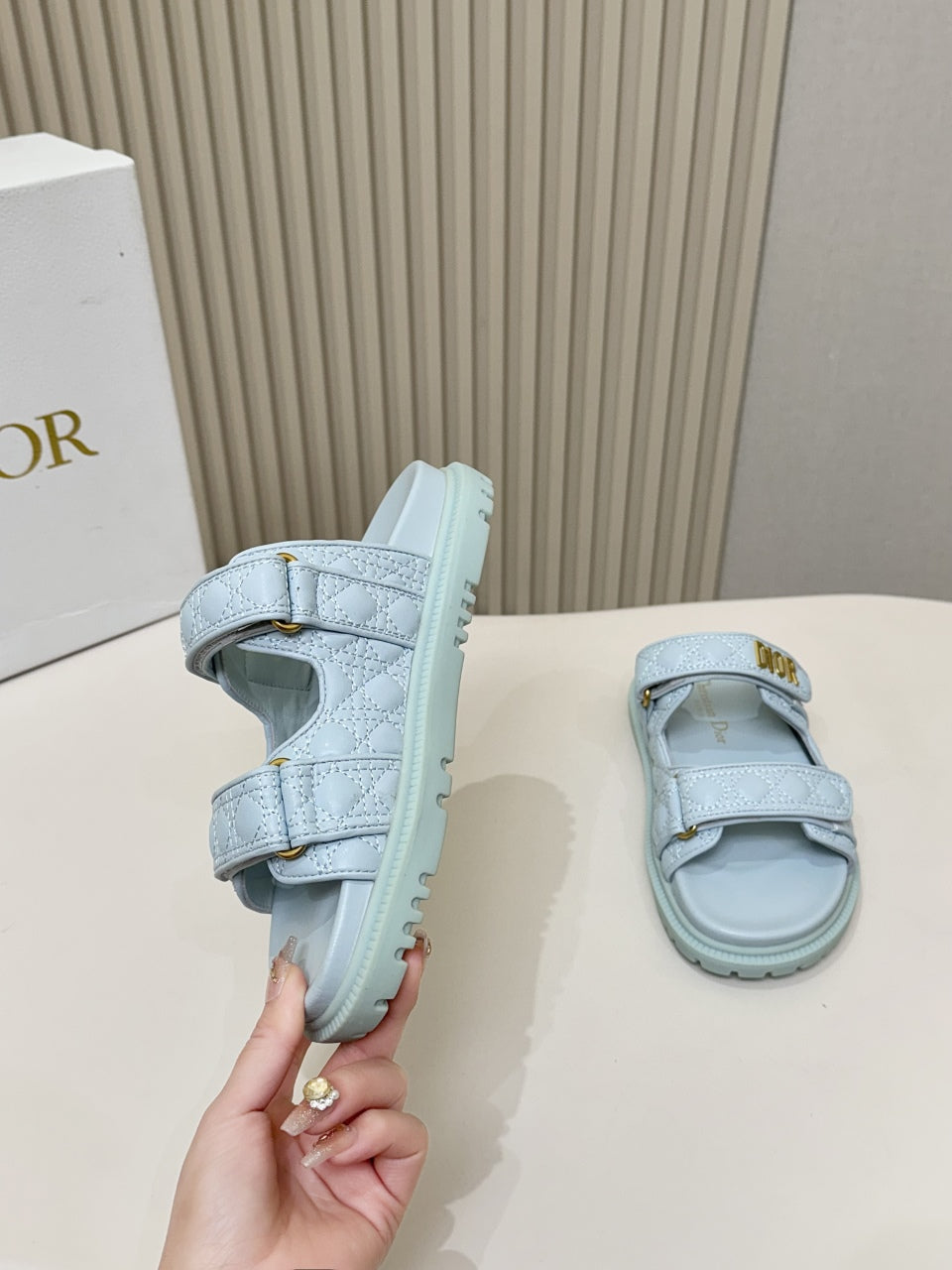 DIOR CLASSIC DOUBLE-STRAP SLIDES 25S IN PASTEL BLUE CALFSKIN