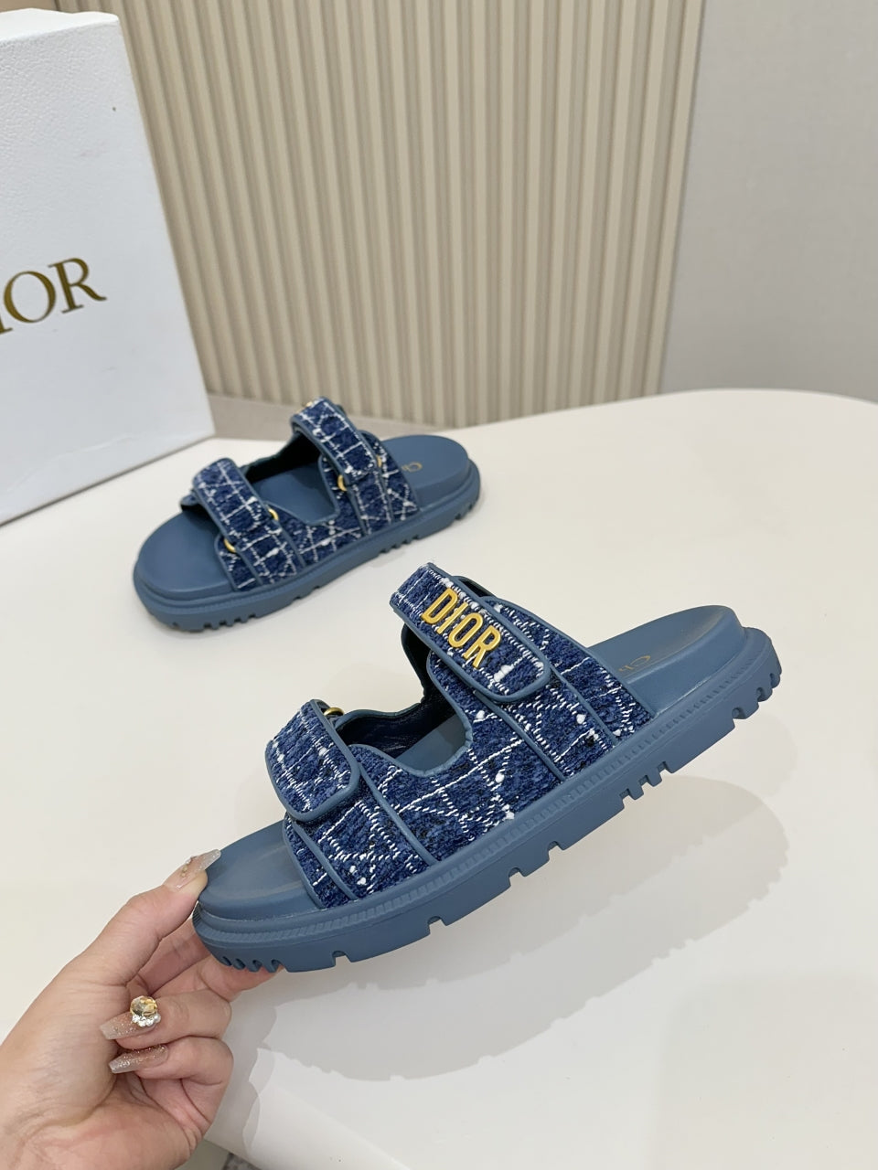 DIOR CLASSIC DOUBLE-STRAP SLIDES 25S IN NAVY BLUE TWEED AND CALFSKIN