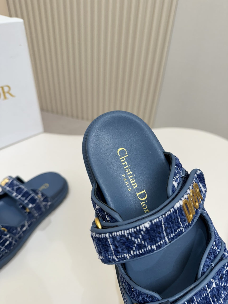 DIOR CLASSIC DOUBLE-STRAP SLIDES 25S IN NAVY BLUE TWEED AND CALFSKIN