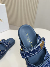 DIOR CLASSIC DOUBLE-STRAP SLIDES 25S IN NAVY BLUE TWEED AND CALFSKIN