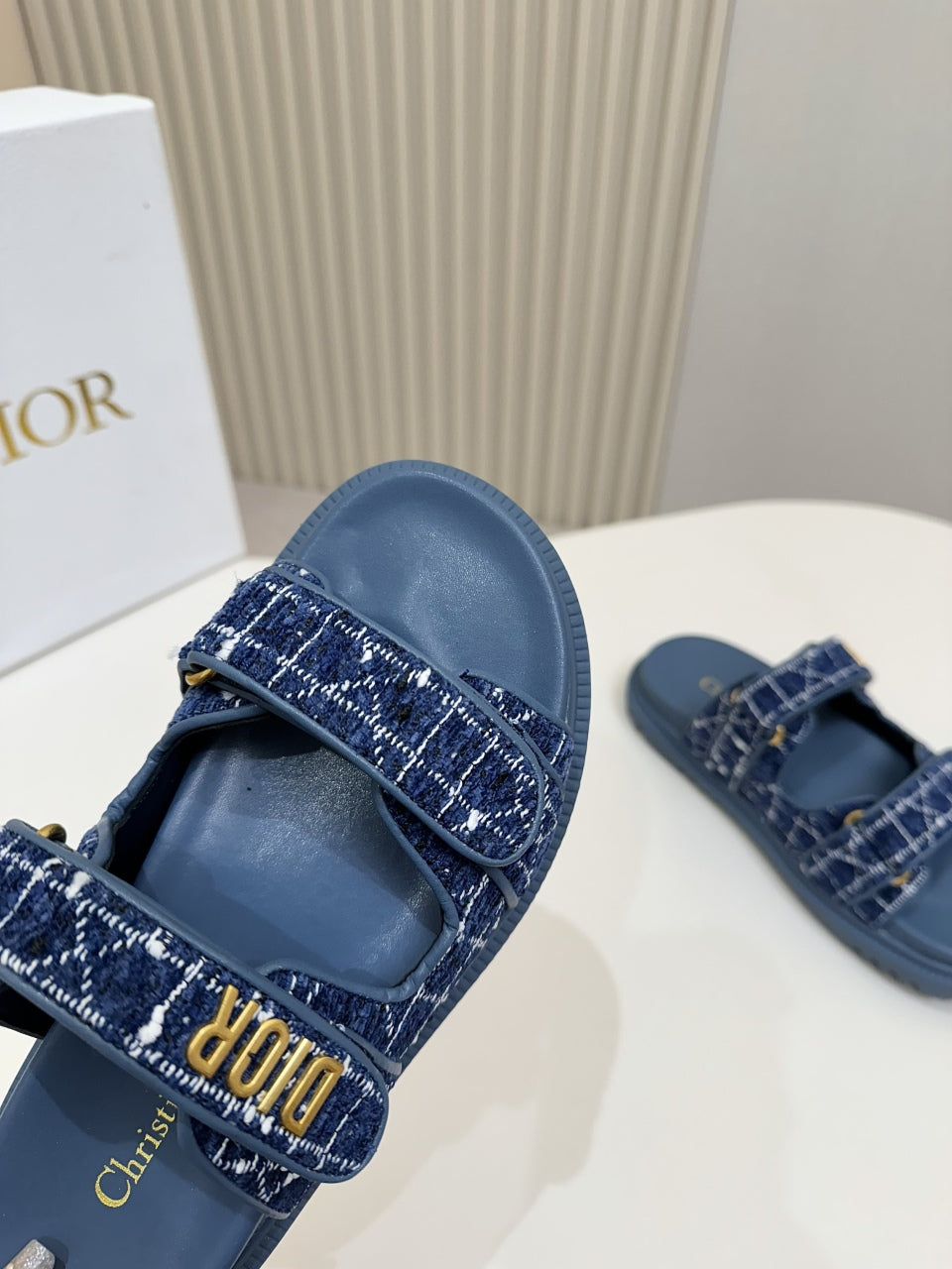 DIOR CLASSIC DOUBLE-STRAP SLIDES 25S IN NAVY BLUE TWEED AND CALFSKIN