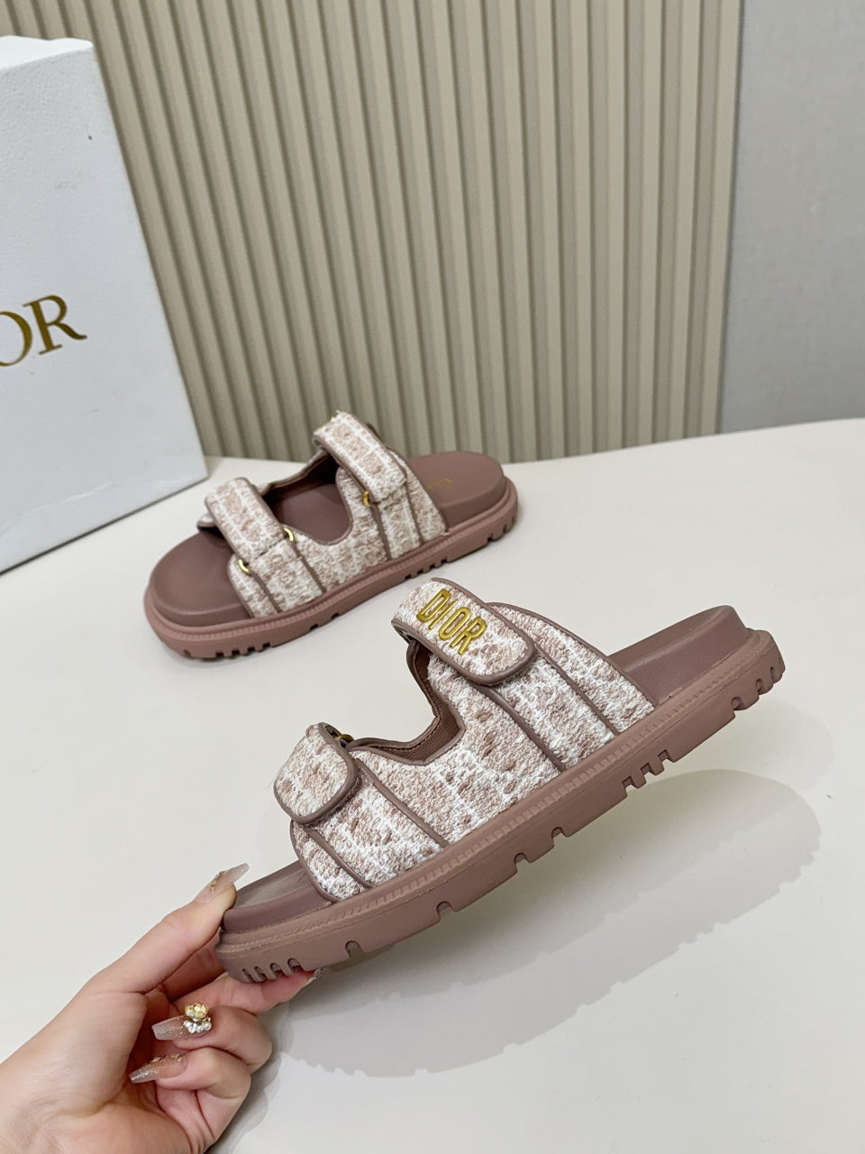 DIOR CLASSIC DOUBLE-STRAP SLIDES 25S IN ROSE BROWN TWEED AND CALFSKIN