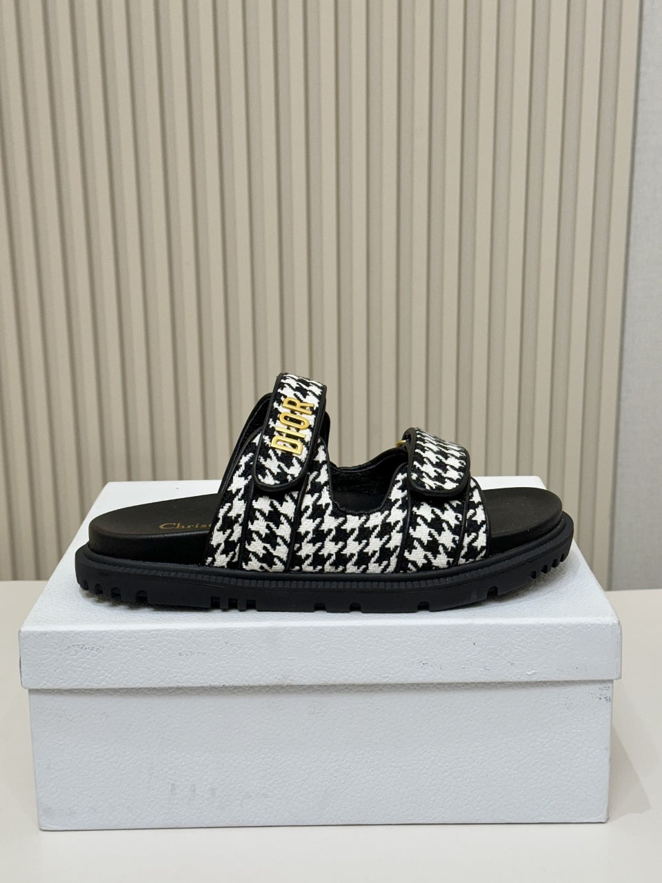 DIOR CLASSIC DOUBLE-STRAP SLIDES 25S IN WHITE MIX BLACK TWEED AND CALFSKIN