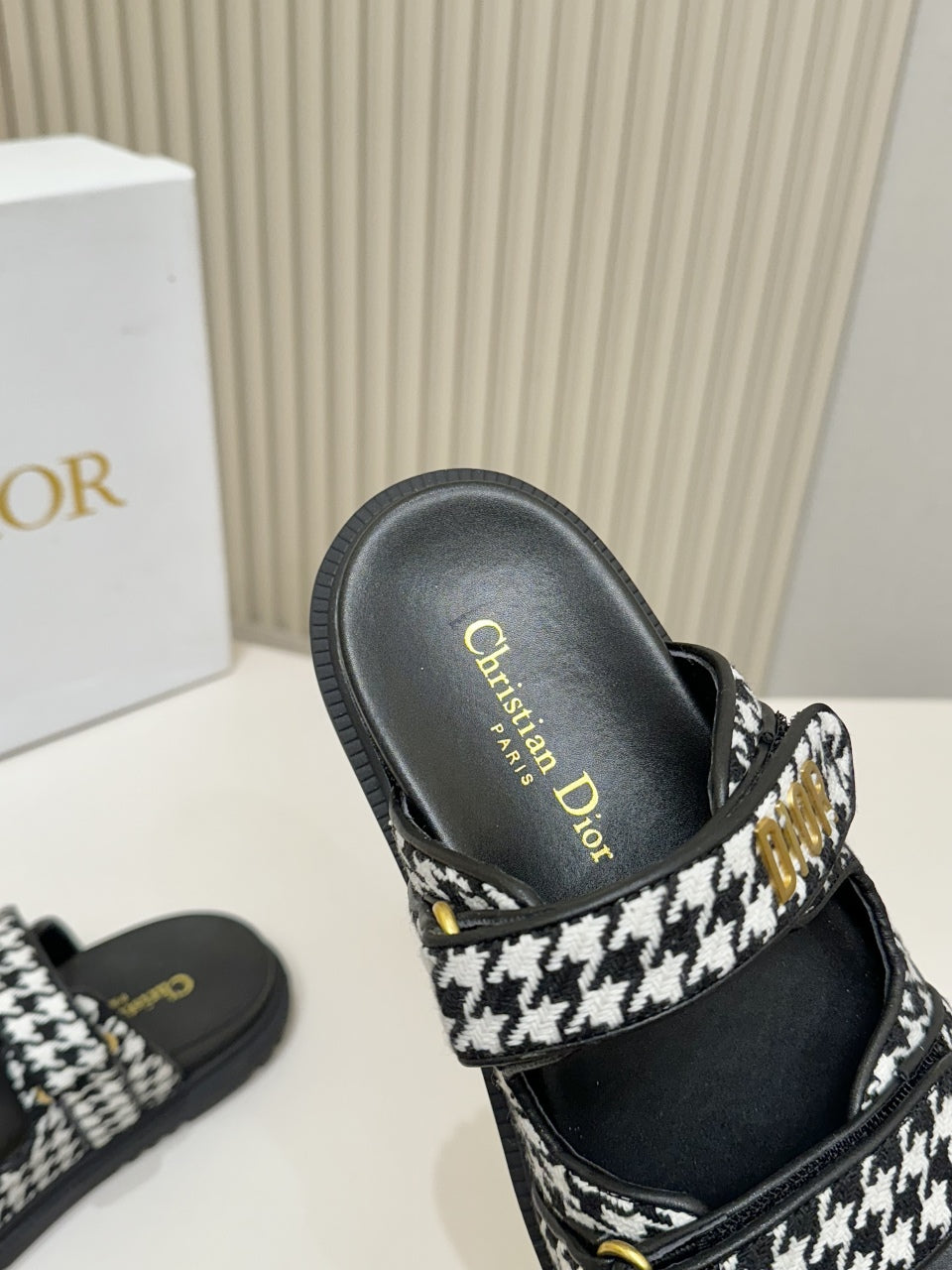 DIOR CLASSIC DOUBLE-STRAP SLIDES 25S IN WHITE MIX BLACK TWEED AND CALFSKIN