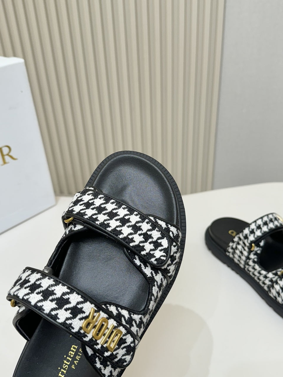 DIOR CLASSIC DOUBLE-STRAP SLIDES 25S IN WHITE MIX BLACK TWEED AND CALFSKIN