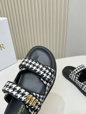 DIOR CLASSIC DOUBLE-STRAP SLIDES 25S IN WHITE MIX BLACK TWEED AND CALFSKIN